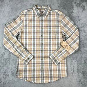NWT Madda Fella Brand Plaid Poplin Tan Multicolor Button Up Long Sleeve Shirt S